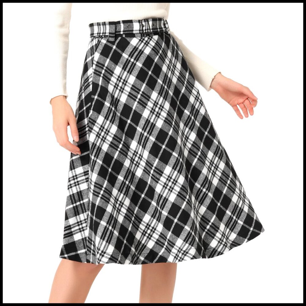 Tartan Plaid High Waist Belted A-Line Midi Skirt with Flare Hem